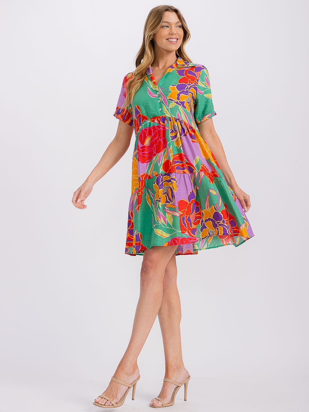 WOMEN'S SHORT SLEEVE BUTTON UP TIERED FLORAL MINI DRESS