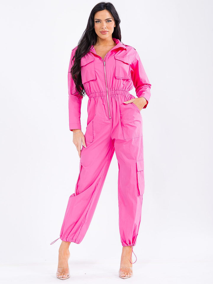 WOMEN'S LONG SLEEVE ZIP UP ELASTIC WAIST POCKETS ADJUSTABLE LEG JUMPSUIT