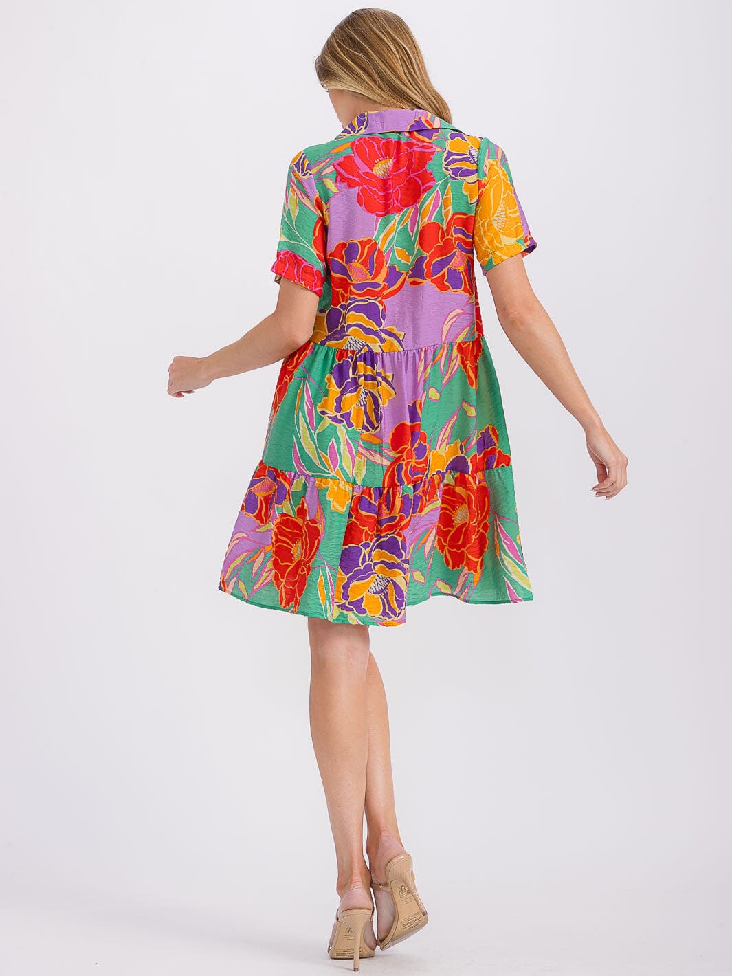 WOMEN'S SHORT SLEEVE BUTTON UP TIERED FLORAL MINI DRESS