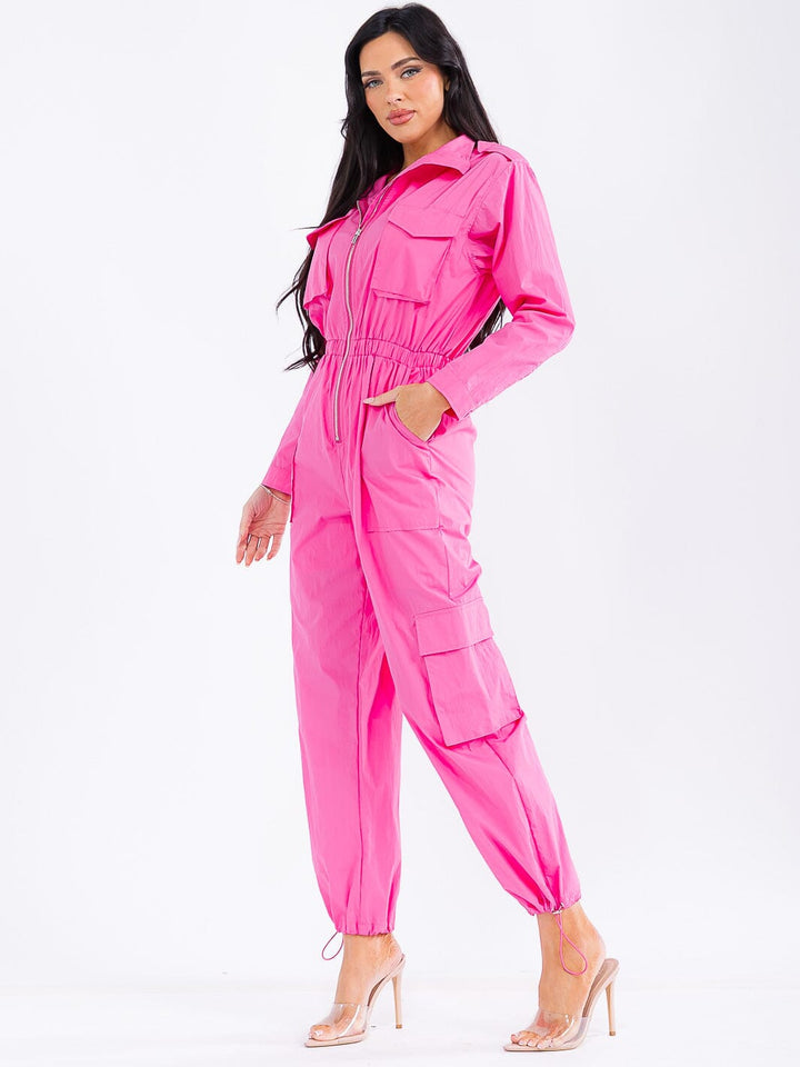 WOMEN'S LONG SLEEVE ZIP UP ELASTIC WAIST POCKETS ADJUSTABLE LEG JUMPSUIT