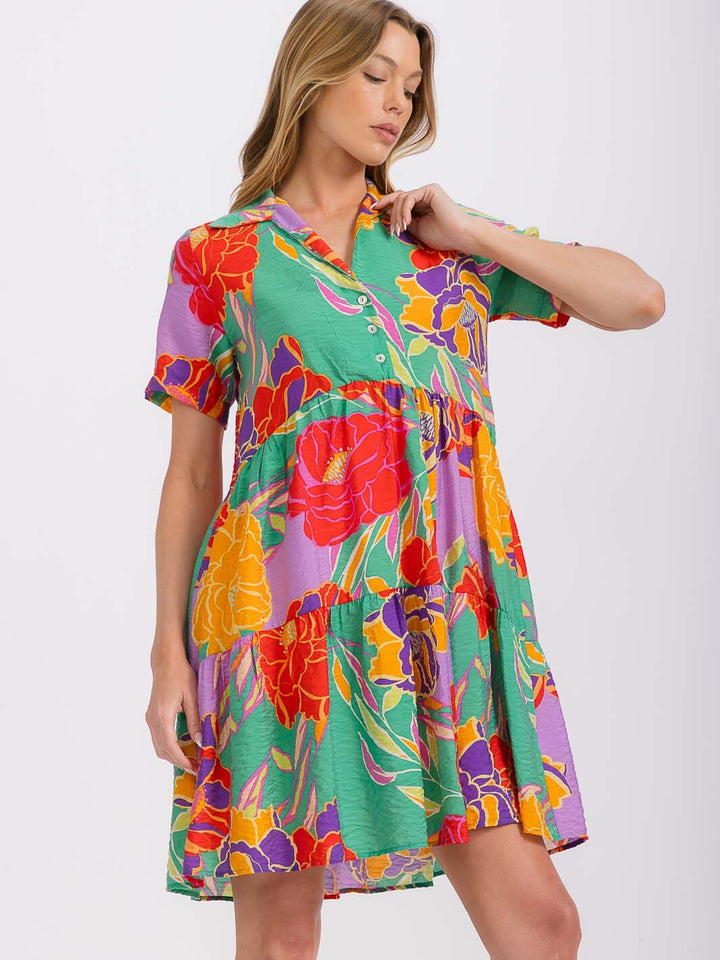 WOMEN'S SHORT SLEEVE BUTTON UP TIERED FLORAL MINI DRESS
