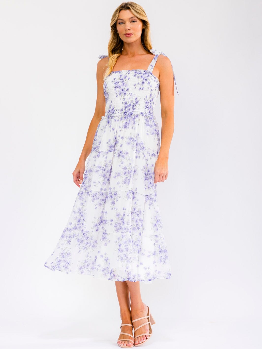 WOMEN'S SLEEVELESS SMOCK TIERED FLORAL MIDI DRESS
