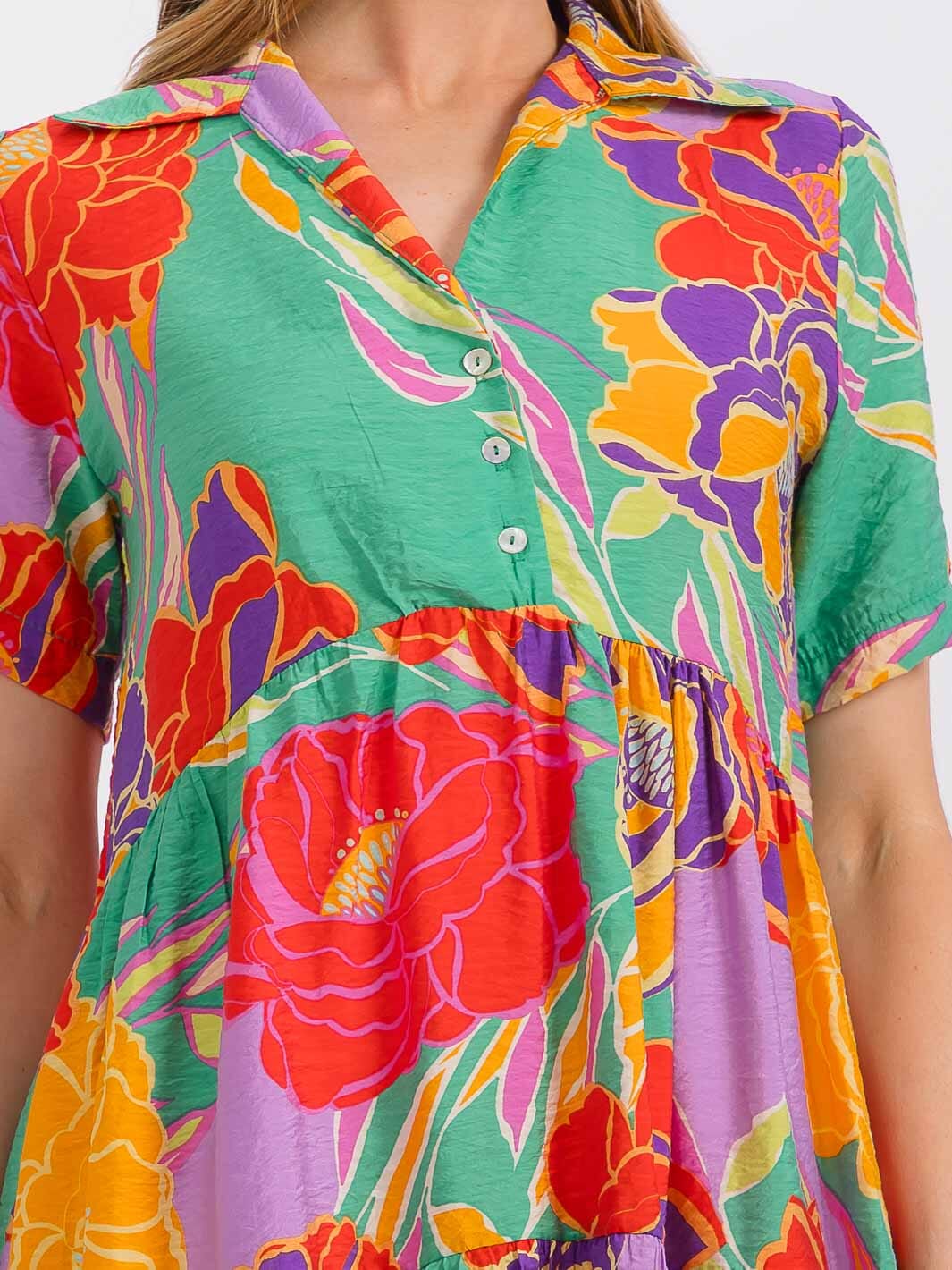 WOMEN'S SHORT SLEEVE BUTTON UP TIERED FLORAL MINI DRESS