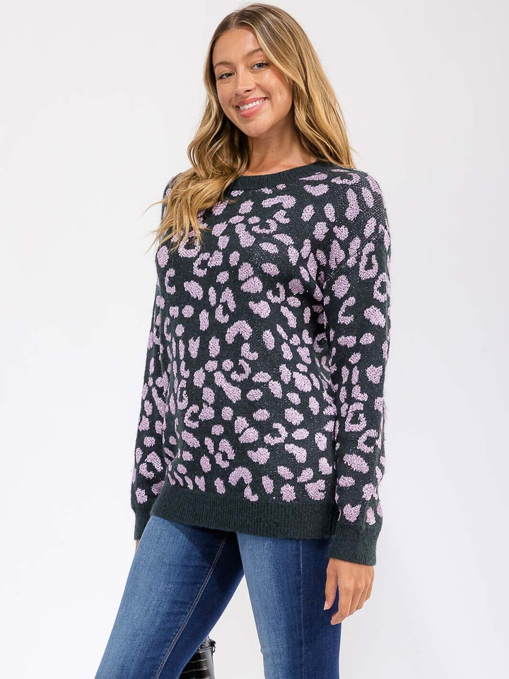 WOMEN'S LONG SLEEVE ANIMAL PRINT KNIT PULLOVER SWEATER