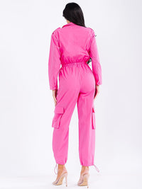 WOMEN'S LONG SLEEVE ZIP UP ELASTIC WAIST POCKETS ADJUSTABLE LEG JUMPSUIT