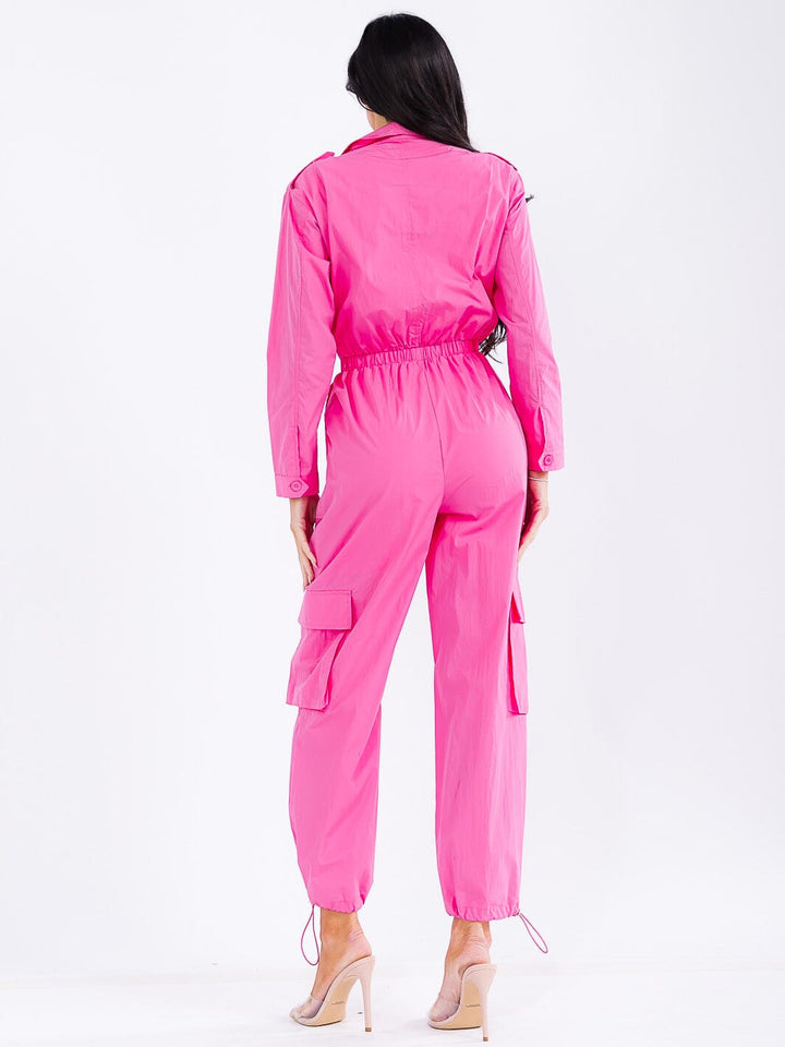 WOMEN'S LONG SLEEVE ZIP UP ELASTIC WAIST POCKETS ADJUSTABLE LEG JUMPSUIT