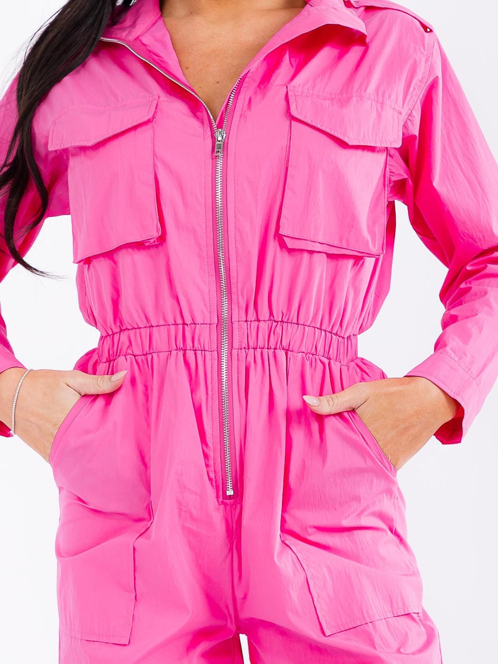 WOMEN'S LONG SLEEVE ZIP UP ELASTIC WAIST POCKETS ADJUSTABLE LEG JUMPSUIT