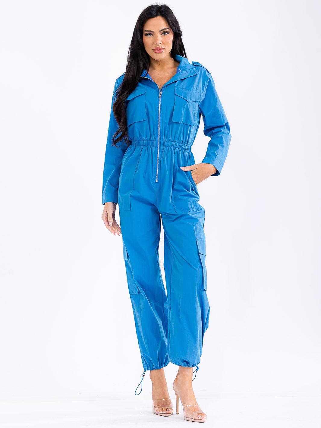WOMEN'S LONG SLEEVE ZIP UP ELASTIC WAIST POCKETS ADJUSTABLE LEG JUMPSUIT