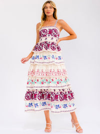 WOMEN'S SLEEVELESS SMOCK BACK RUFFLE TIERED MULTI PRINT MAXI DRESS