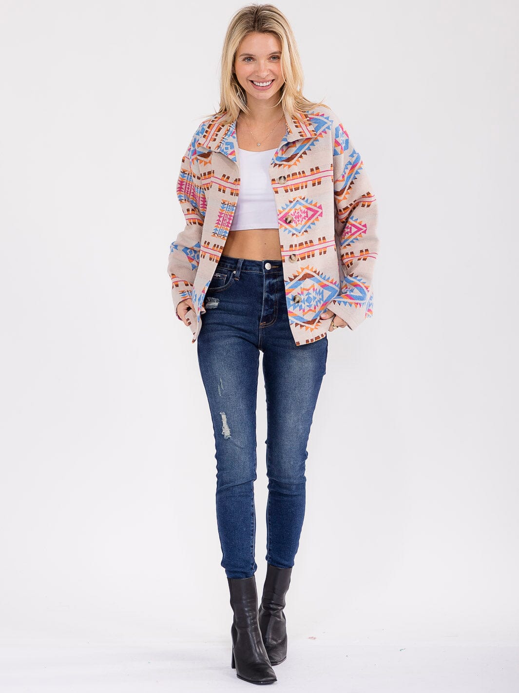 WOMEN'S LONG SLEEVE BUTTON CLOSURE FRONT POCKETS MULTI PRINT JACKET