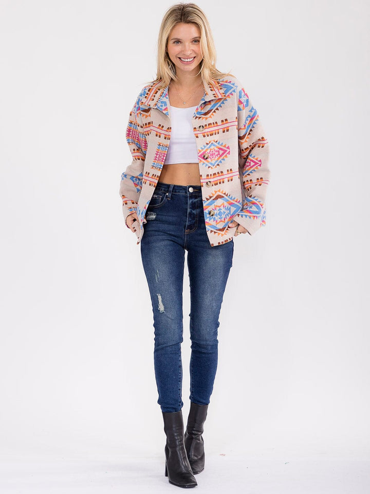 WOMEN'S LONG SLEEVE BUTTON CLOSURE FRONT POCKETS MULTI PRINT JACKET