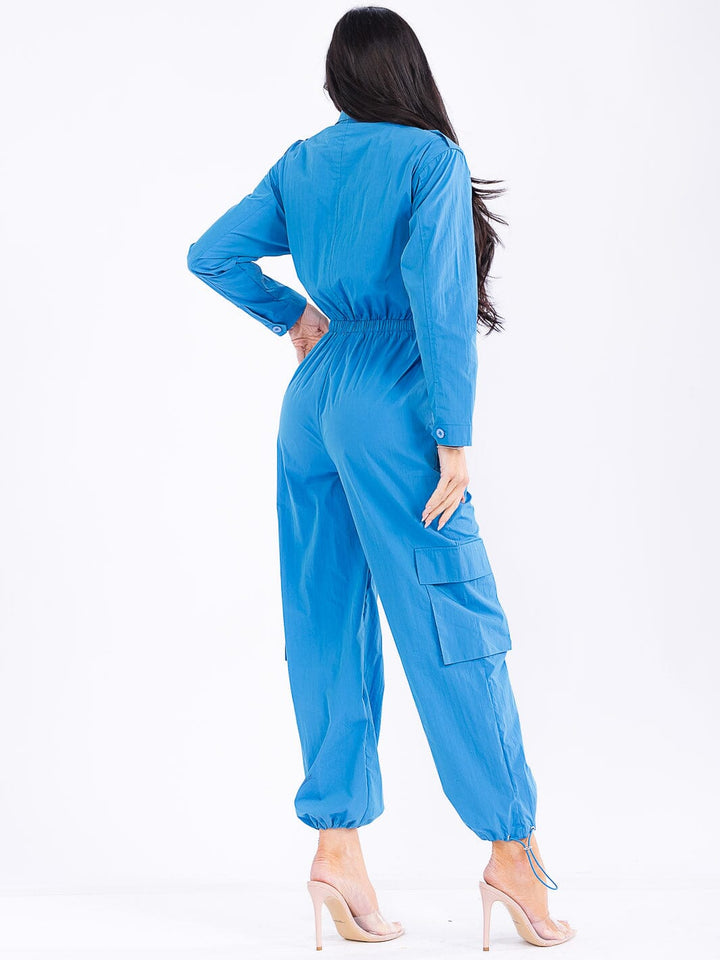 WOMEN'S LONG SLEEVE ZIP UP ELASTIC WAIST POCKETS ADJUSTABLE LEG JUMPSUIT