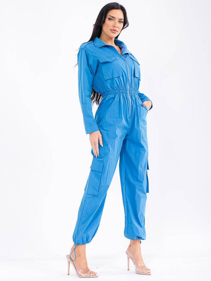 WOMEN'S LONG SLEEVE ZIP UP ELASTIC WAIST POCKETS ADJUSTABLE LEG JUMPSUIT