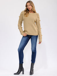 WOMEN'S LONG SLEEVE POM POM KNIT PULLOVER SWEATER