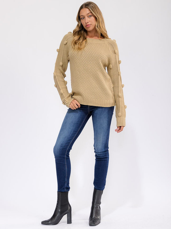 WOMEN'S LONG SLEEVE POM POM KNIT PULLOVER SWEATER