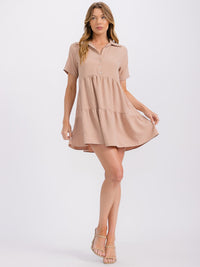 WOMEN'S SHORT SLEEVE BUTTON UP TIERED TUNIC MINI DRESS