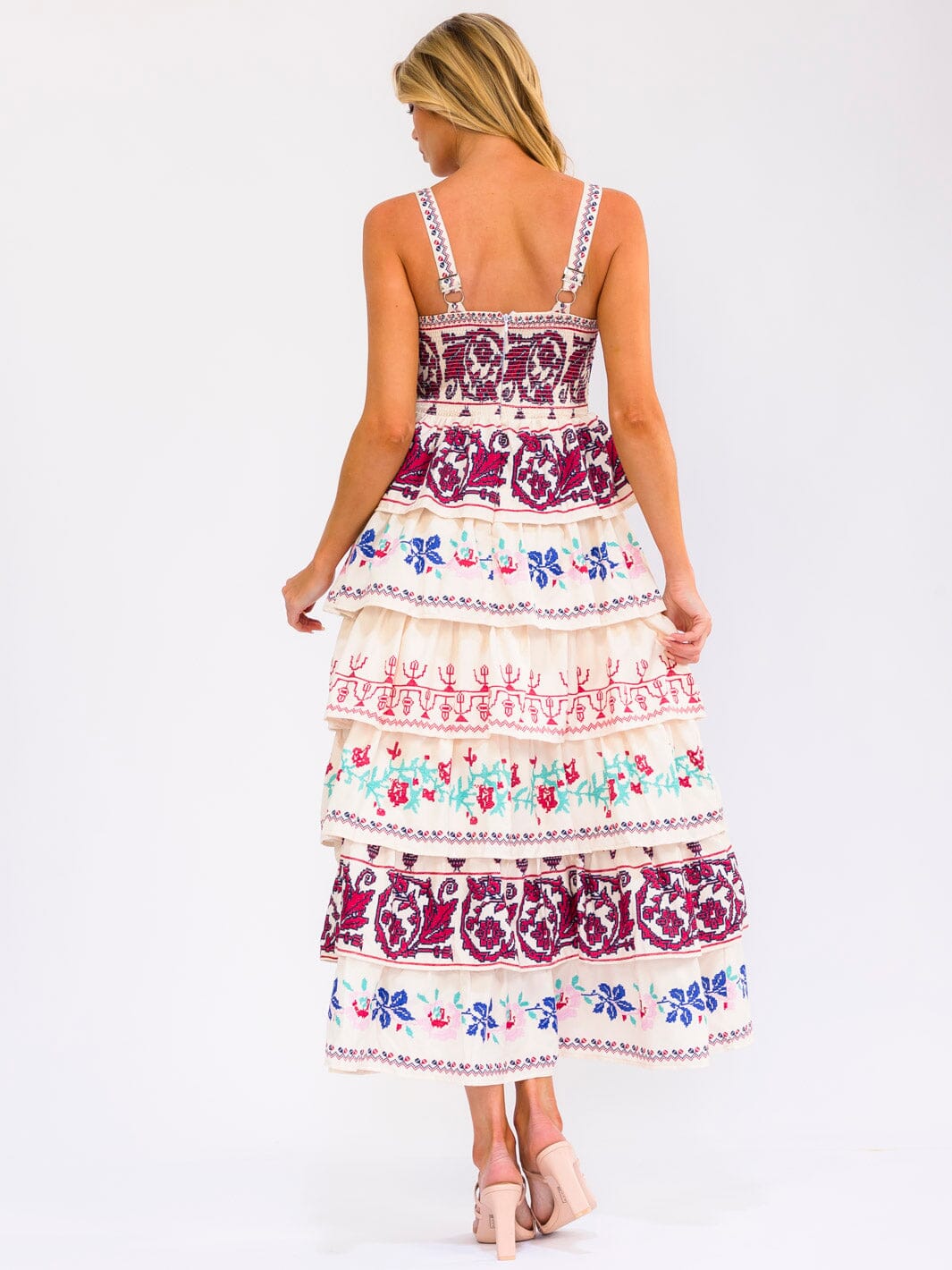 WOMEN'S SLEEVELESS SMOCK BACK RUFFLE TIERED MULTI PRINT MAXI DRESS