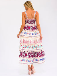WOMEN'S SLEEVELESS SMOCK BACK RUFFLE TIERED MULTI PRINT MAXI DRESS