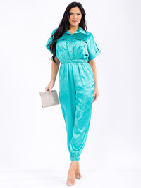 WOMEN'S SHORT SLEEVE BUTTON UP ELASTIC WAIST POCKETS JOGGER LEG JUMPSUIT