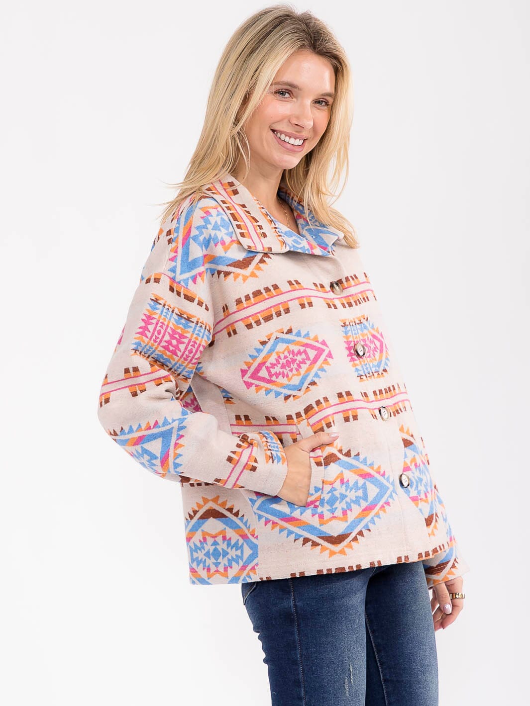 WOMEN'S LONG SLEEVE BUTTON CLOSURE FRONT POCKETS MULTI PRINT JACKET