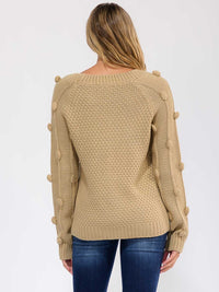 WOMEN'S LONG SLEEVE POM POM KNIT PULLOVER SWEATER