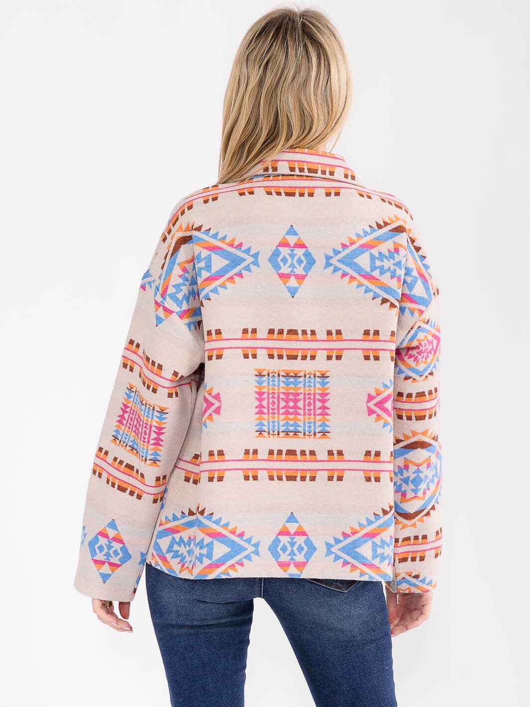 WOMEN'S LONG SLEEVE BUTTON CLOSURE FRONT POCKETS MULTI PRINT JACKET