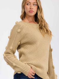 WOMEN'S LONG SLEEVE POM POM KNIT PULLOVER SWEATER