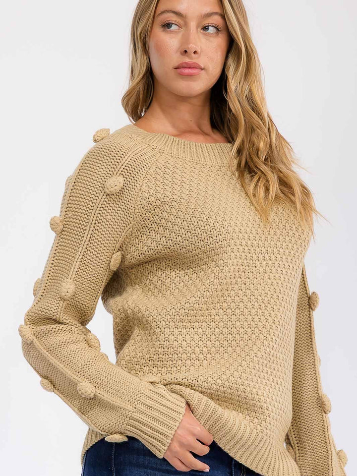WOMEN'S LONG SLEEVE POM POM KNIT PULLOVER SWEATER