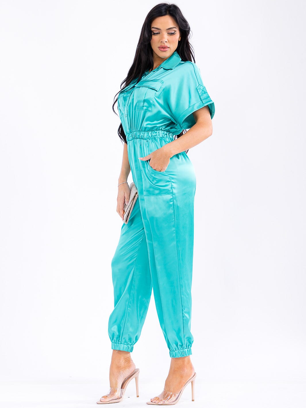 WOMEN'S SHORT SLEEVE BUTTON UP ELASTIC WAIST POCKETS JOGGER LEG JUMPSUIT