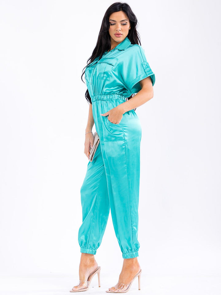 WOMEN'S SHORT SLEEVE BUTTON UP ELASTIC WAIST POCKETS JOGGER LEG JUMPSUIT