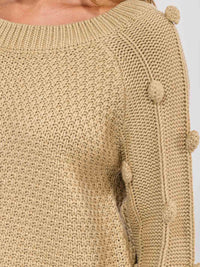 WOMEN'S LONG SLEEVE POM POM KNIT PULLOVER SWEATER