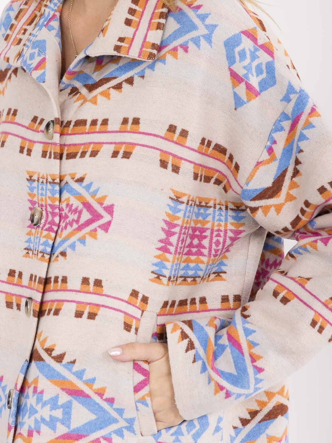 WOMEN'S LONG SLEEVE BUTTON CLOSURE FRONT POCKETS MULTI PRINT JACKET