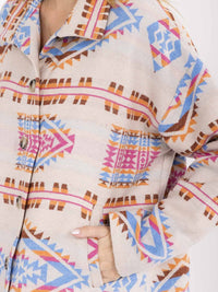 WOMEN'S LONG SLEEVE BUTTON CLOSURE FRONT POCKETS MULTI PRINT JACKET