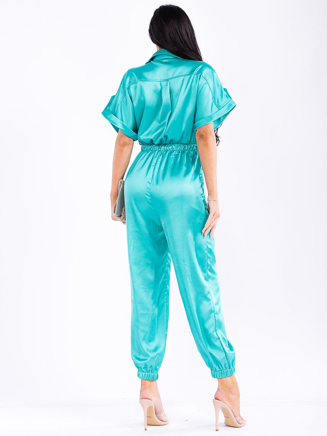 WOMEN'S SHORT SLEEVE BUTTON UP ELASTIC WAIST POCKETS JOGGER LEG JUMPSUIT