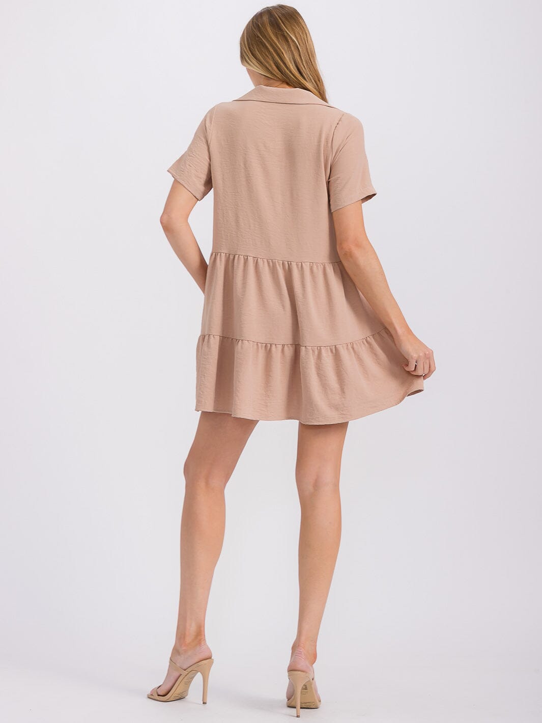 WOMEN'S SHORT SLEEVE BUTTON UP TIERED TUNIC MINI DRESS