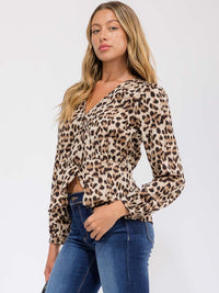 WOMEN'S LONG SLEEVE V-NECK ANIMAL PRINT PEPLUM WRAP BLOUSE