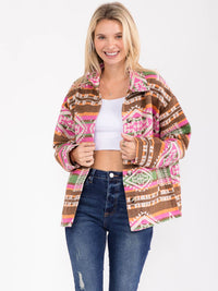 WOMEN'S LONG SLEEVE BUTTON CLOSURE FRONT POCKETS MULTI PRINT JACKET