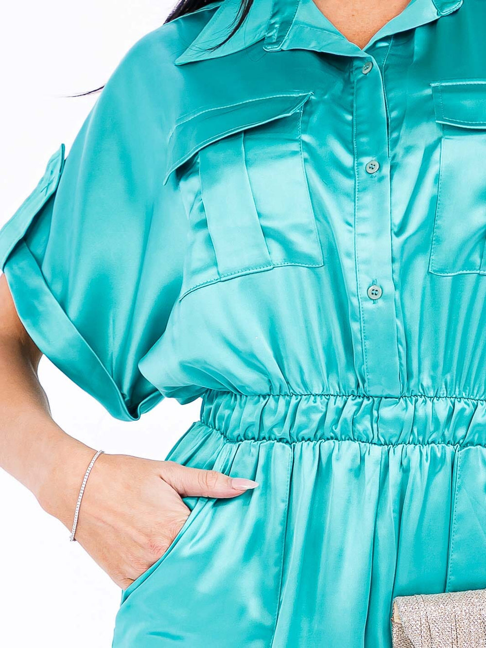 WOMEN'S SHORT SLEEVE BUTTON UP ELASTIC WAIST POCKETS JOGGER LEG JUMPSUIT