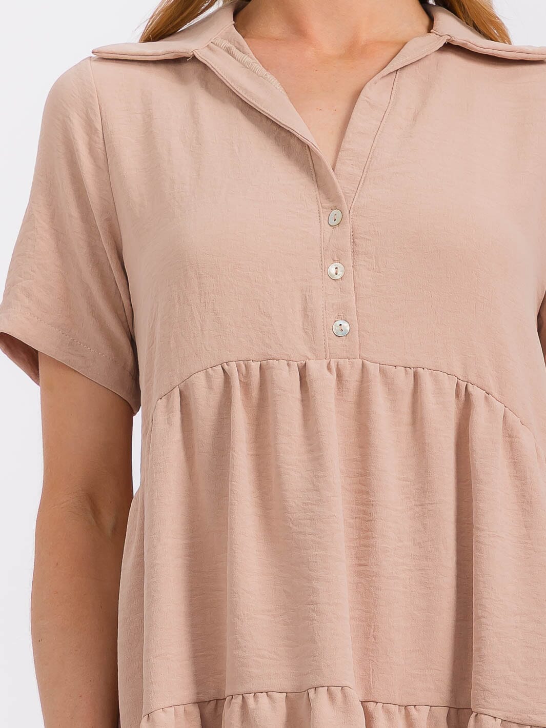 WOMEN'S SHORT SLEEVE BUTTON UP TIERED TUNIC MINI DRESS