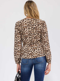 WOMEN'S LONG SLEEVE V-NECK ANIMAL PRINT PEPLUM WRAP BLOUSE