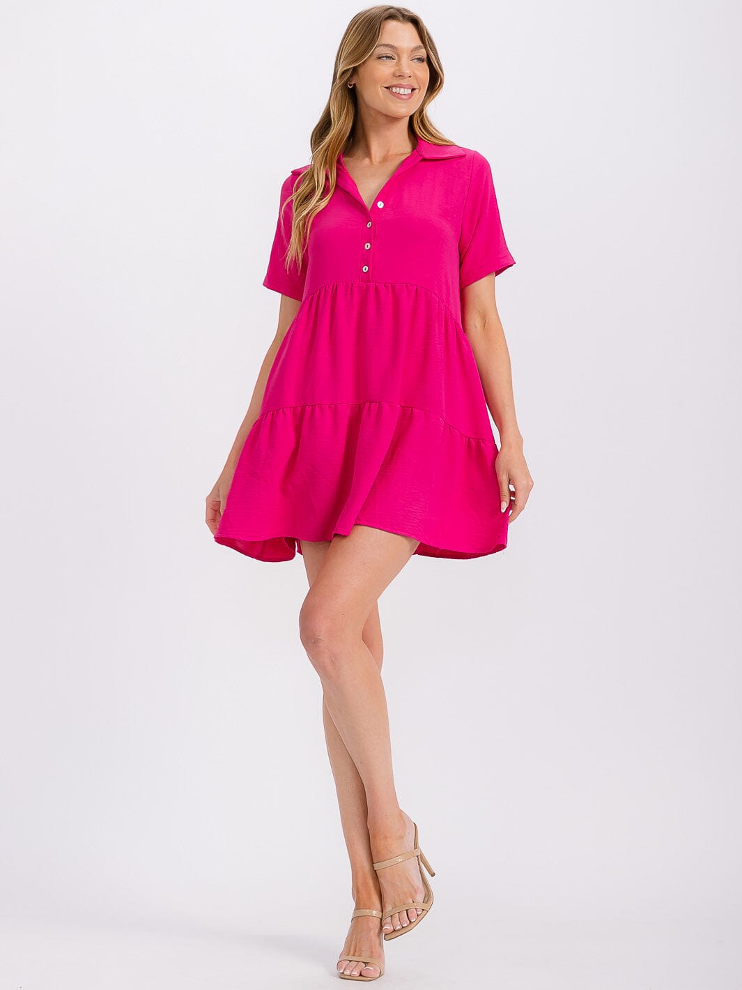 WOMEN'S SHORT SLEEVE BUTTON UP TIERED TUNIC MINI DRESS