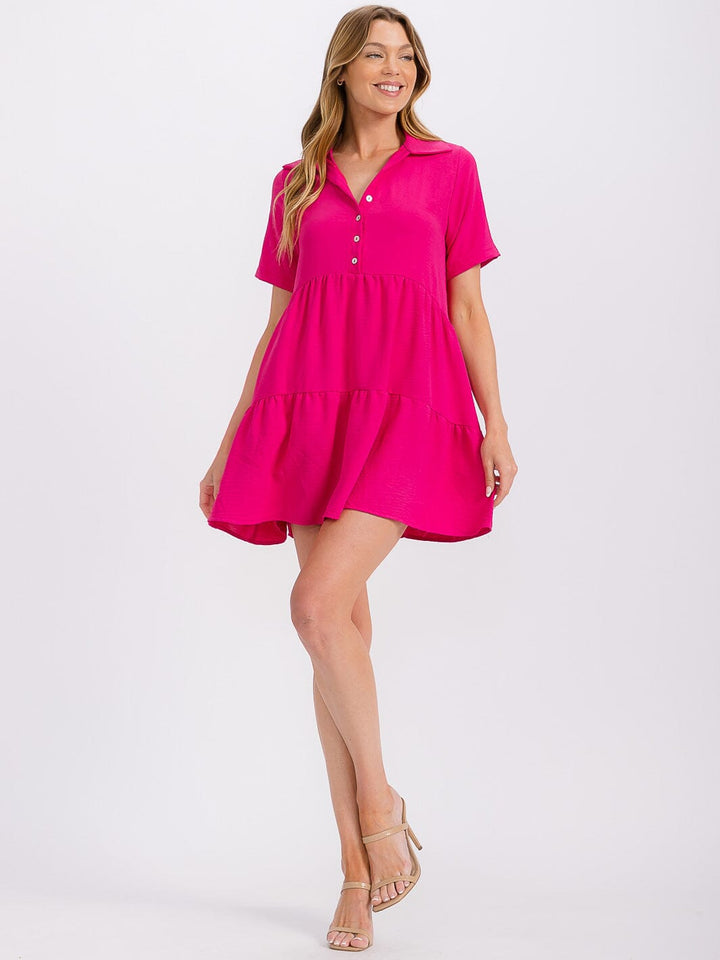 WOMEN'S SHORT SLEEVE BUTTON UP TIERED TUNIC MINI DRESS