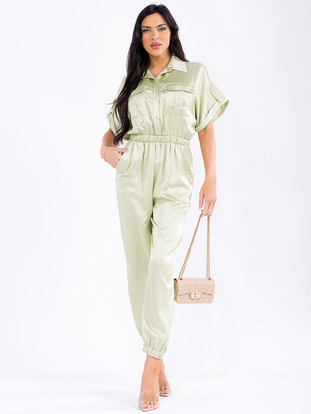 WOMEN'S SHORT SLEEVE BUTTON UP ELASTIC WAIST POCKETS JOGGER LEG JUMPSUIT
