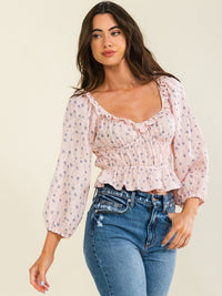 WOMEN'S LONG SLEEVE RUCHED FLORAL PRINT BLOUSE