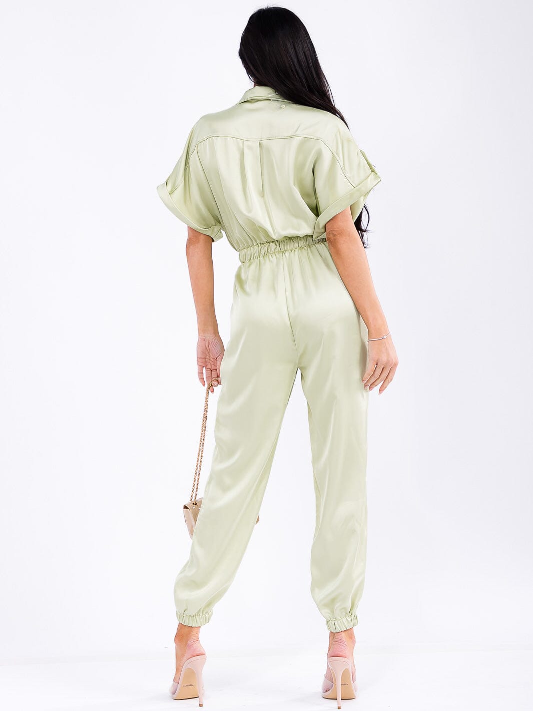 WOMEN'S SHORT SLEEVE BUTTON UP ELASTIC WAIST POCKETS JOGGER LEG JUMPSUIT