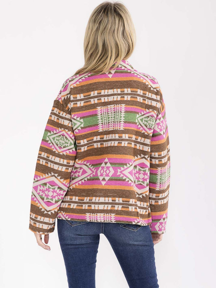 WOMEN'S LONG SLEEVE BUTTON CLOSURE FRONT POCKETS MULTI PRINT JACKET