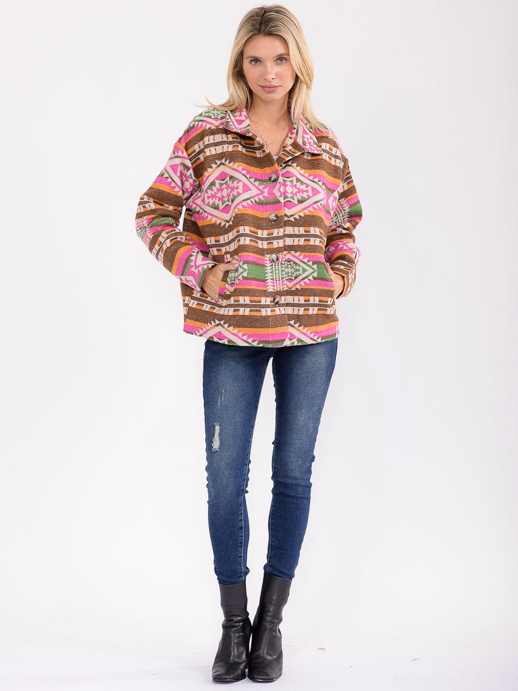 WOMEN'S LONG SLEEVE BUTTON CLOSURE FRONT POCKETS MULTI PRINT JACKET