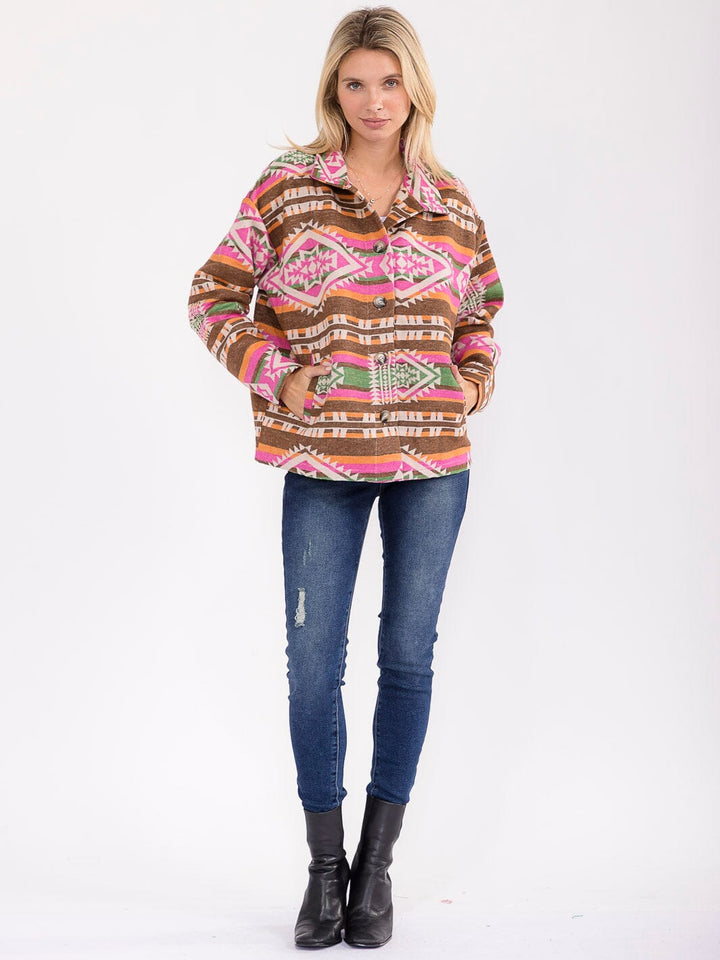 WOMEN'S LONG SLEEVE BUTTON CLOSURE FRONT POCKETS MULTI PRINT JACKET