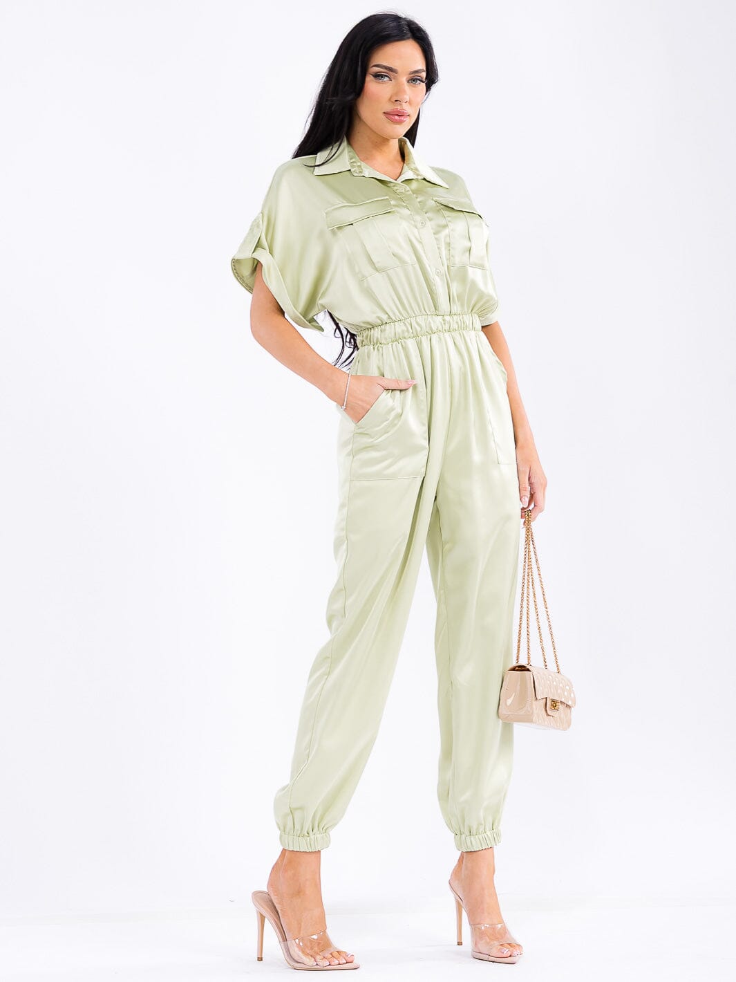 WOMEN'S SHORT SLEEVE BUTTON UP ELASTIC WAIST POCKETS JOGGER LEG JUMPSUIT