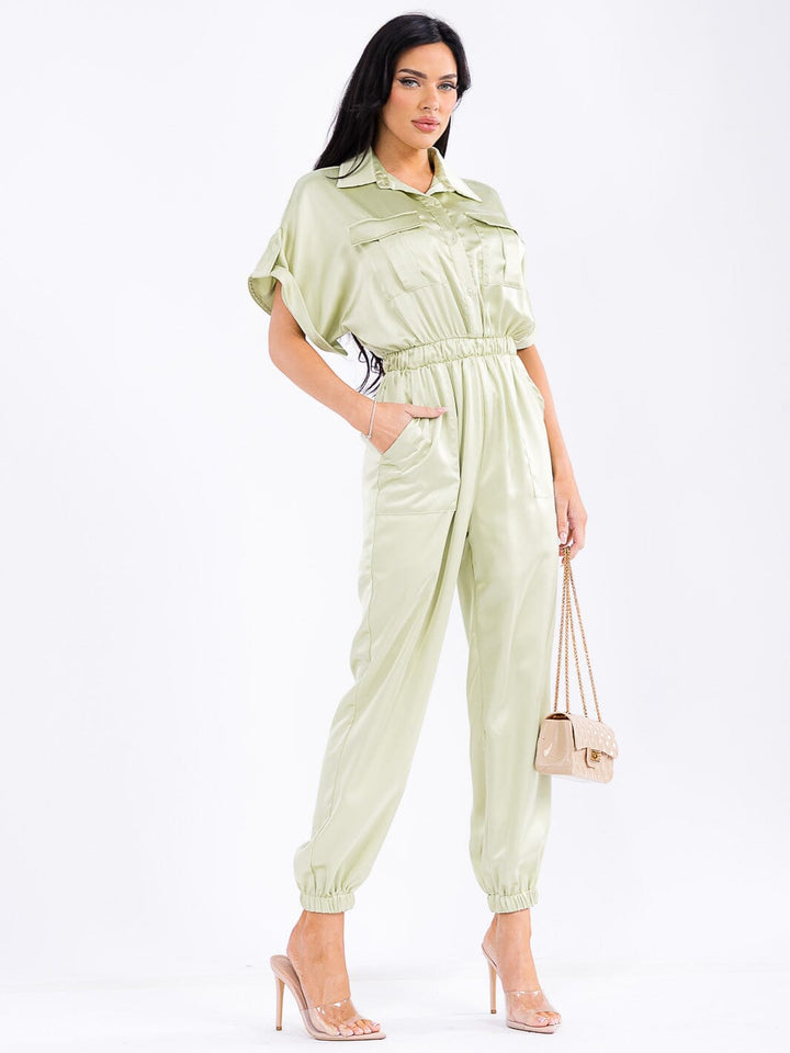 WOMEN'S SHORT SLEEVE BUTTON UP ELASTIC WAIST POCKETS JOGGER LEG JUMPSUIT